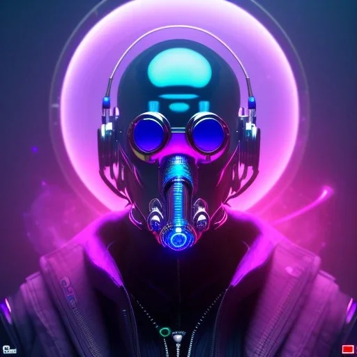 cyberpunk purple masked villain in galaxy, teal and purple smoke, detailed, realistic, 4k