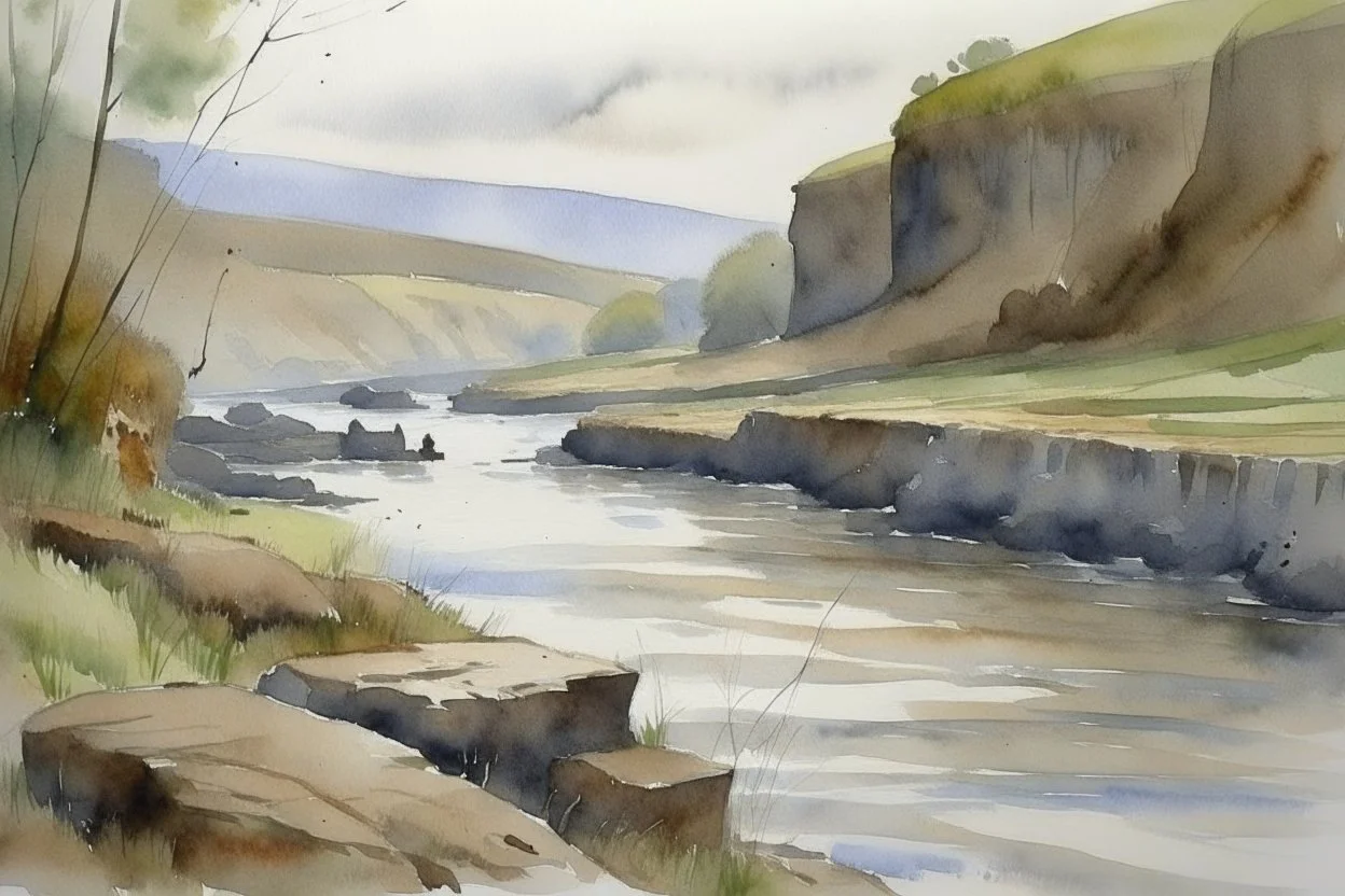 River scene by grey cliffs in wet watercolour