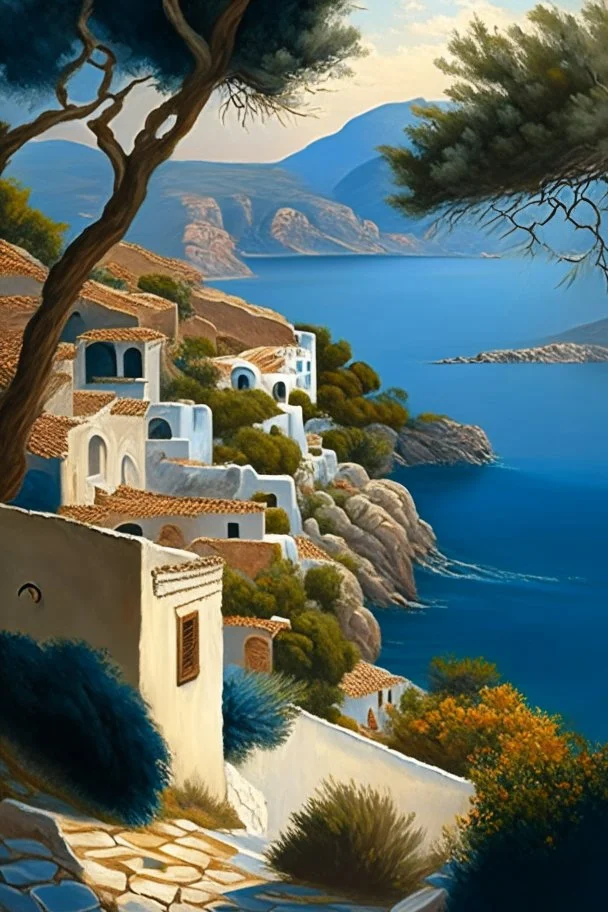 Greece landscape, painting, detailed