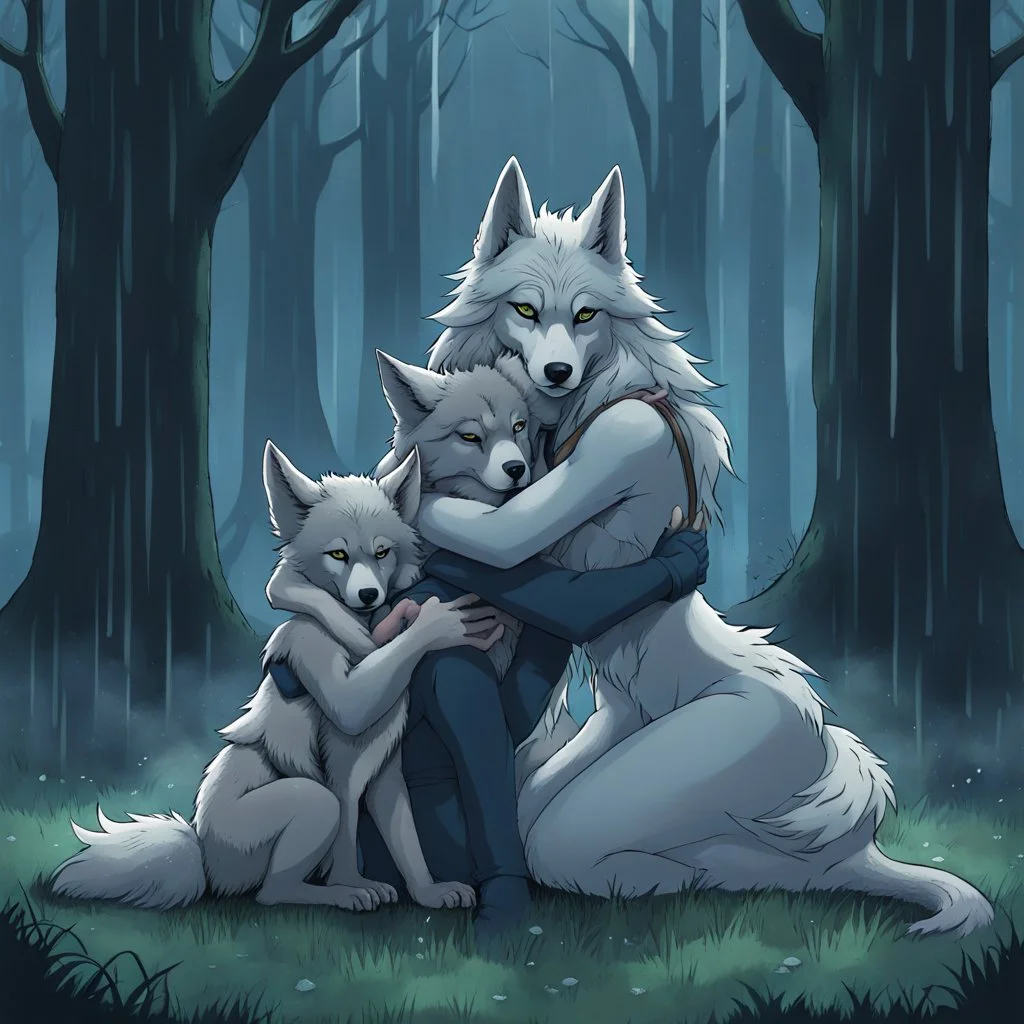 fantasy anime art from an gray bodyhair wolf female anthropomorphic wolf female hibrid kneeling hugs her two anthropomorphic wolf-kid hibrid child on field, in background tall trees wirh big trunks, rain, down on blue-green moss, hug each other , rainy day, high contrast, high detalied, atmospheric, fantasy, sci-fi mood