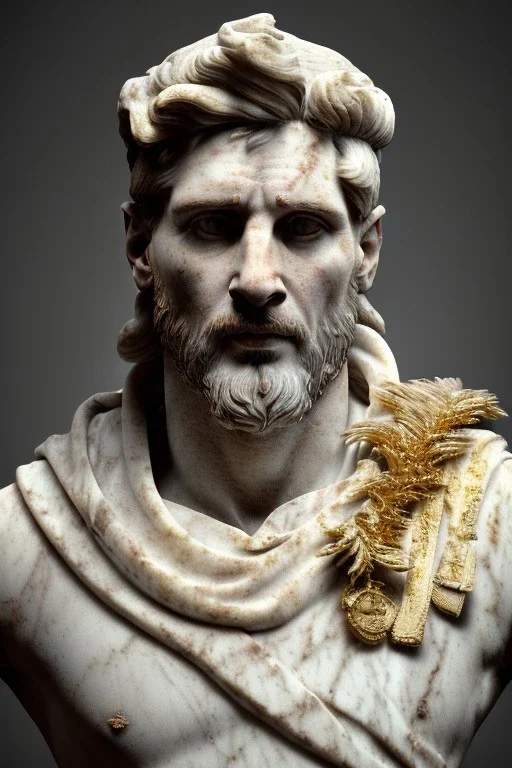 Realistic image, Roman sculpture made in white marble with gold veins, Lionel messi with gold laurel leaves crown, two blue brushes, decorative star on the chest, waist up portrait, marble material, gold ornaments, Baroque style, sun rays background, epic, celestial, cinematic lighting, God lights, 4k resolution, smooth details, soft lighting, unreal engine 5, art station, substance 3d.