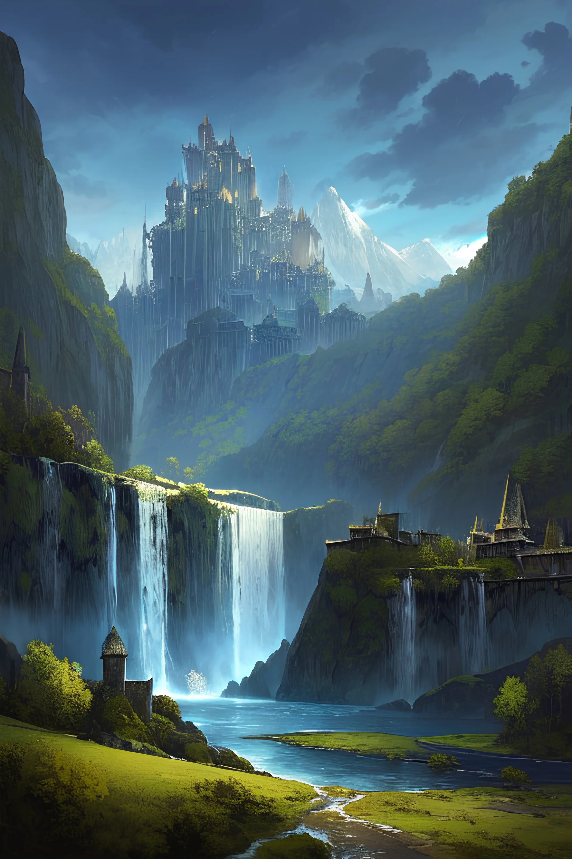 Medieval castle, mountainside, river with waterfall, moonlit background, single image, no people