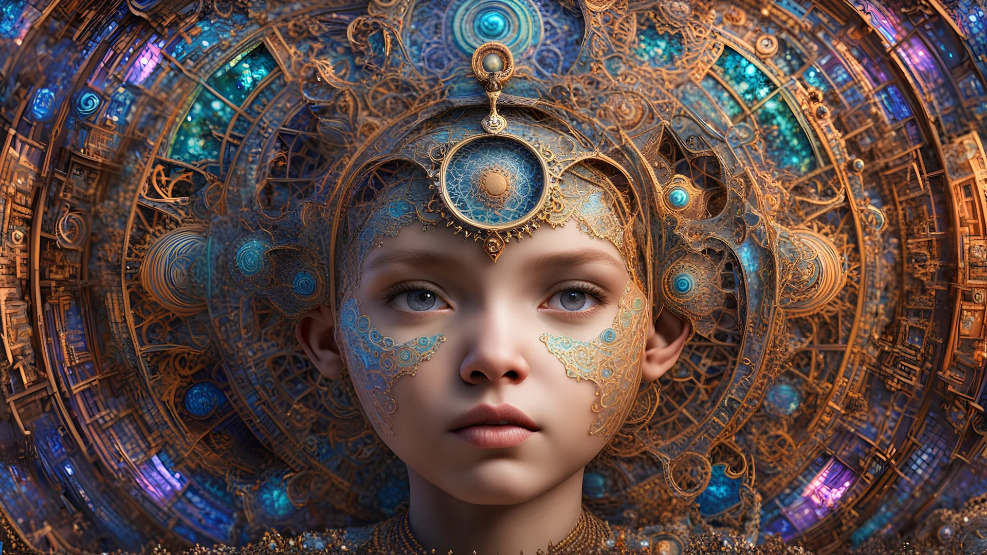 3D symmetrical rendering of an enigmatic expressively detailed and intricate, hyperrealistic dreamscape child: symmetric, front view, colorful paint, tribalism, steampunk, shamanism, cosmic fractals, dystopia, telepathy, 8k, high-resolution, realistic, surrealistic, v-ray,quixel megascans render, sintane render, dramatic volumetric lighting exquisite composition, beautiful detailed intricate detailed octane render, artistic photography, photorealistic, perfect light, chiaroscuro