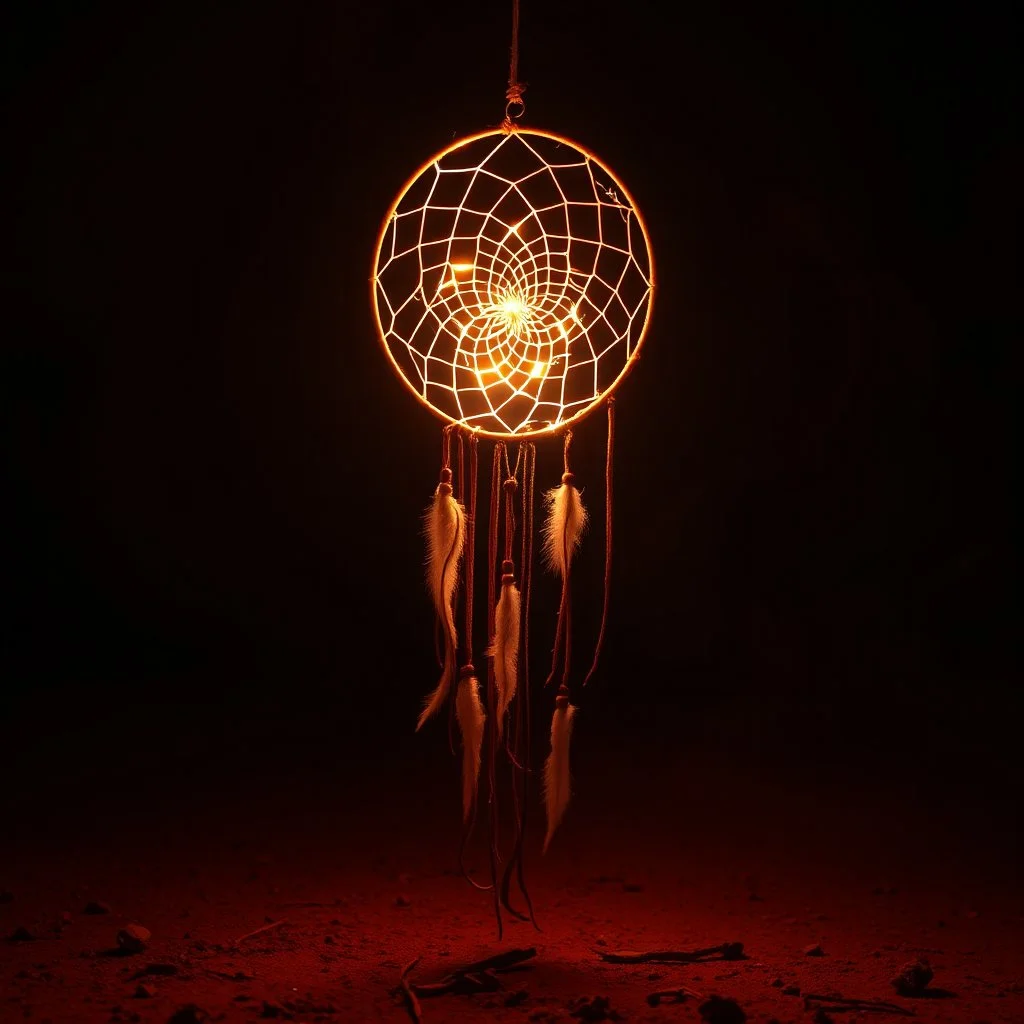 hoop and web of a dreamcatcher, made of light, glowing internal light, translucent, natural red/brown tones, brown dirt ground long bottom, dark background, fantastic lighting