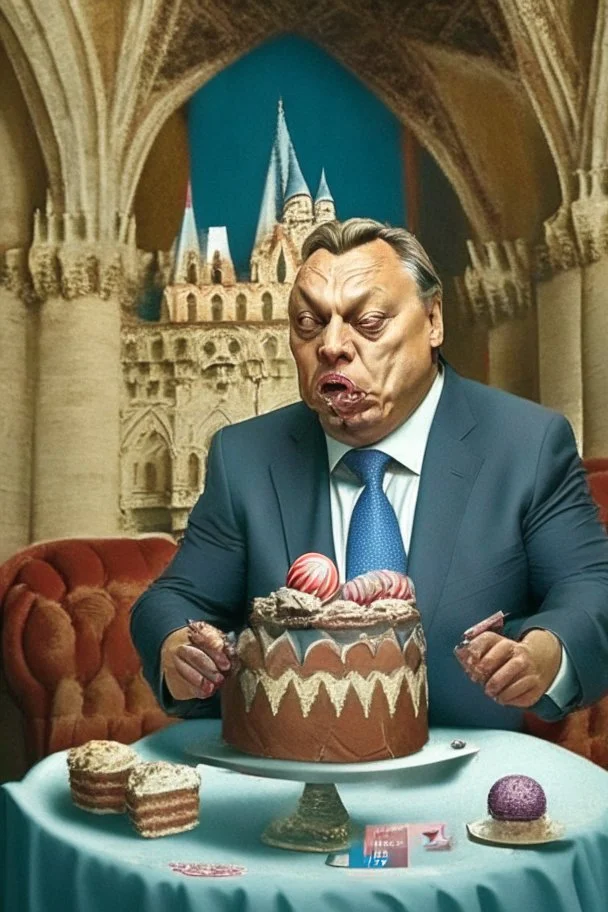 ugly viktor orban in a suite eating birthday cake in a castle. There are soccer balls around