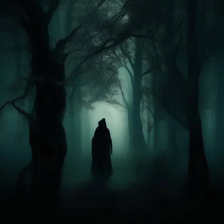 Generate an creepy shadow of a hooded man in an eerie forest with twisted trees, vines, and otherworldly elves hidden in shadows. The ground is covered in moss and leaves. A haunting chorus echoes in the distance. The overall mood should be mysterious and unsettling. Avoid modern elements or bright colors. There has to be shadows in the tops of the trees or behind the trees.