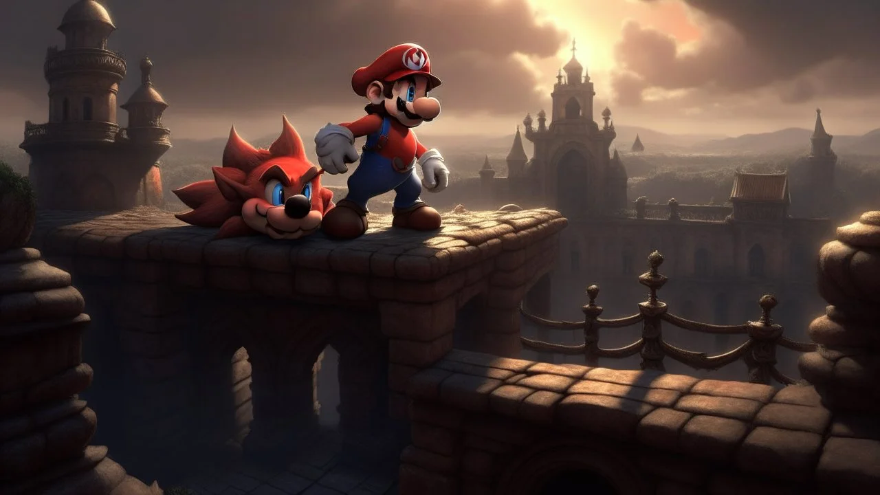 High quality medium shot of Mario on a rooftop, fantasy, epic, landscape, fire, ruins, dragon, demons, buff