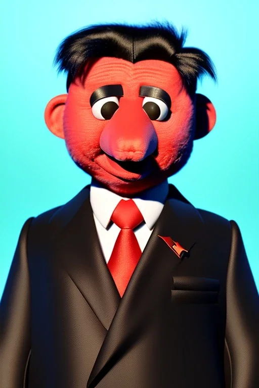 Waist up muppet Portrait, Kim Jong-un muppet doll, black suit, photo studio, red background, unreal engine 5, concept art, art station, god lights, ray tracing, RTX, lumen lighting, ultra detail, volumetric lighting, 3d.