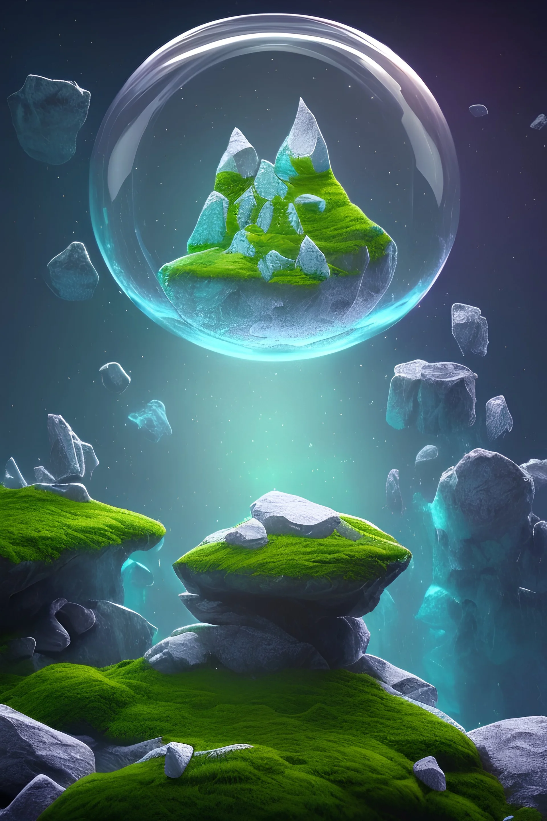 hedjuk, crystalline, renderin, room, cosmic, opalescent, 100mm, opalescent, gemstones, crystals, object, other worldly,water, rock, moss,bright, ice background