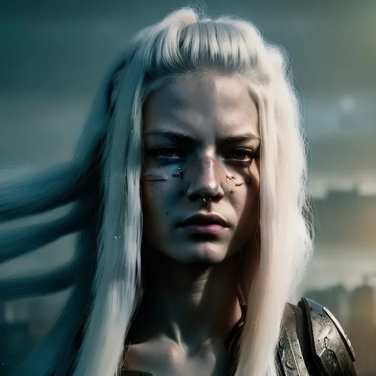 a moody close-up portrait of beautiful female warrior with long white hair in a cyberpunk city, volumetric lighting, particals, intricate detail,realistic, 8k