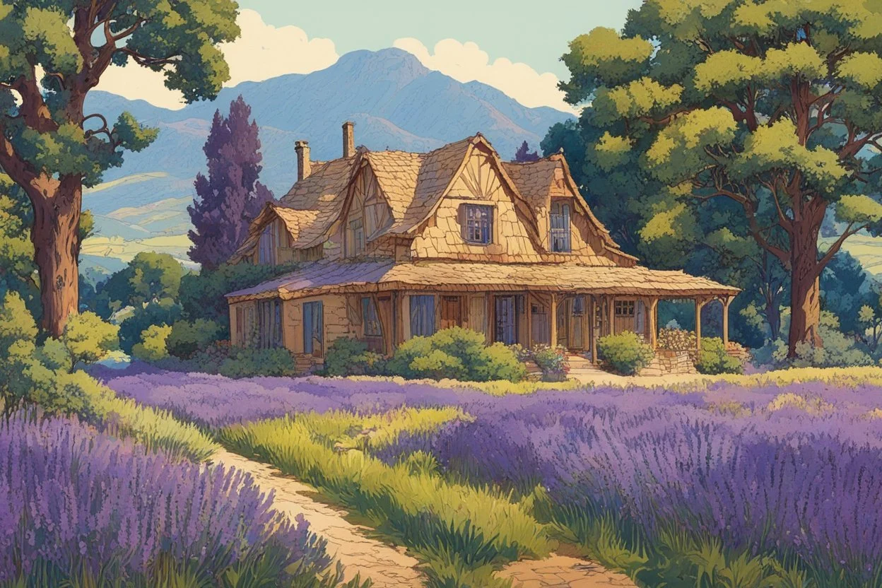 museum quality color woodcut landscape of a fanciful 1920's ramshackle and dilapidated French country cottage nestled amidst the lavender fields of Provence, on a blissful summer morning, in the style of Gustave Baumann, with a fine art aesthetic, highly detailed, finely cut ,8k render, soft early summer colors