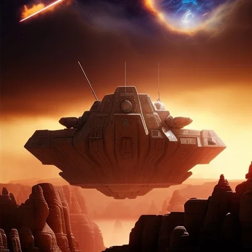 volumetric dramatic desert Battle scene with futuristic hovering military armored Hovercraft painted by chris foss, floating, 4k, 8k, Minutiae, highly detailed, gun Turret, antennae, pennant, hovering, stripes, sunset, Crescent Moon [duststorm, nimbus clouds]