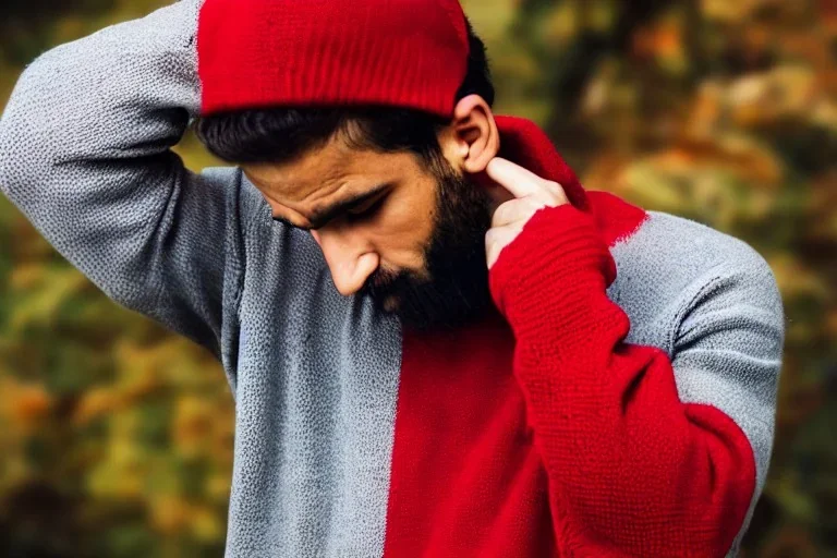 Man thinking hard in red sweater