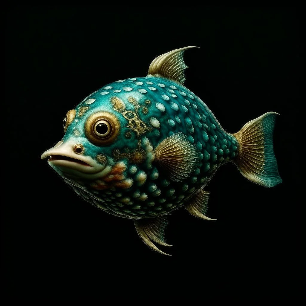 A blackish teal water elemental pufferfish designed in medieval tapestry painted by Qiu Ying