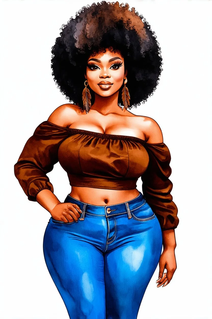 create a watercolor illustration of a plus size dark skinned black female wearing Tight blue jeans and a hazel brown off the shoulder blouse. Prominent make up with long lashes and hazel eyes. She is wearing brown feather earrings. Highly detailed full black tight curl afro
