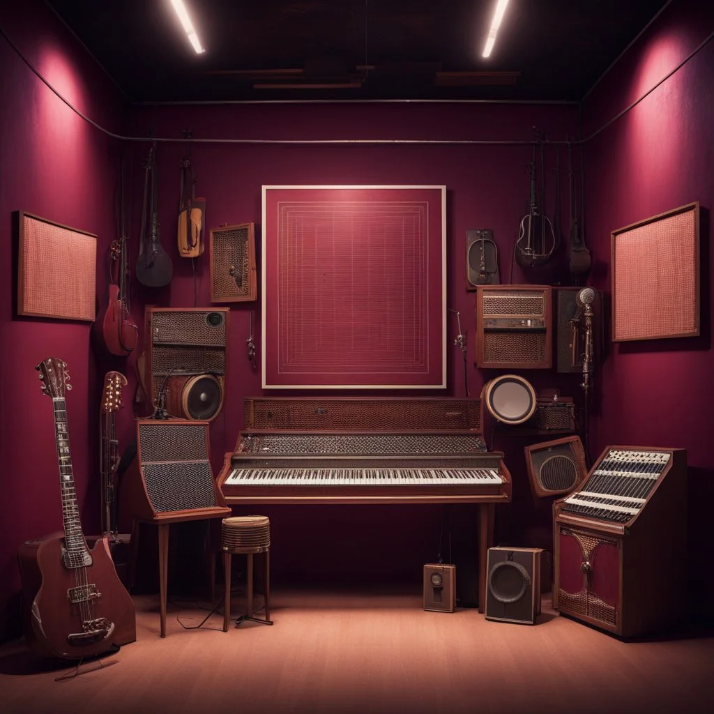 Eastern Musical Instruments In A Music Studio Made Of Grunge Maroon Walls With Marquees Lights 80s Style.