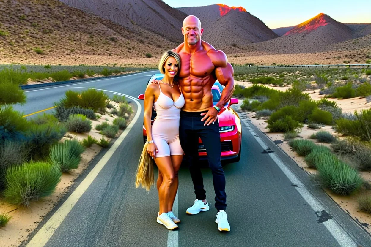 make a pic with short hair bald bodybuilder Knut Spildrejorde from Norway and his fitness wife Jeanette, they are standing front of his new red car Chevrolet Camaro, very busy highway in sunny desert Texas in the background