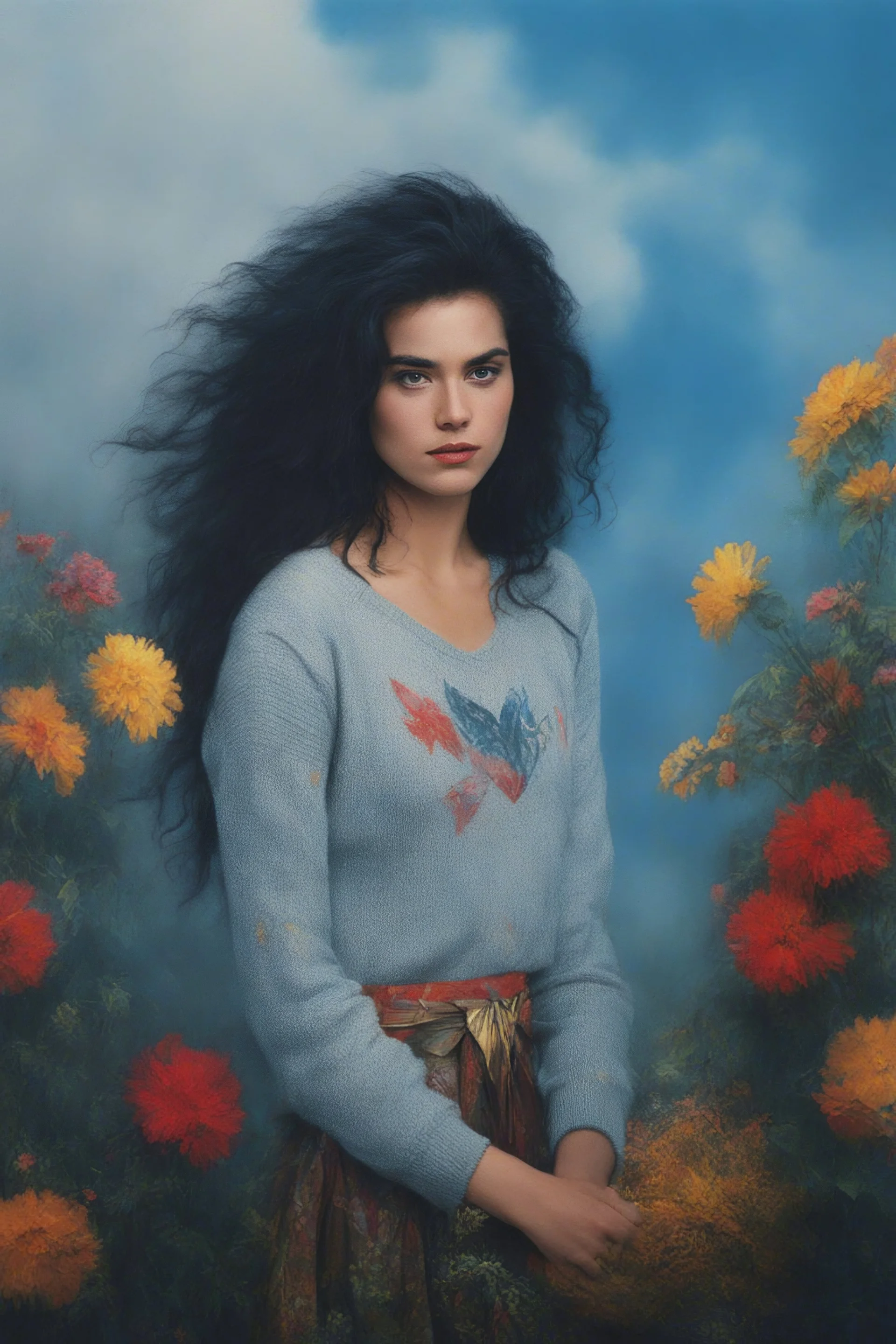 1980, 16-year-old wonder woman, gray cotton sweater, ((1980's big hair, long, teased up Spikey Motley Crue style hair)), black hair, facial portraits, foggy, cloudy blue wall with assorted designs and multiple floral arrangements in the background, 4k, 8k, 16k, 32k, 100k UHD, Ultra-Hyper Resolution, dark, sultry eyeshadow, eyeliner, mascara, rouge, lipstick