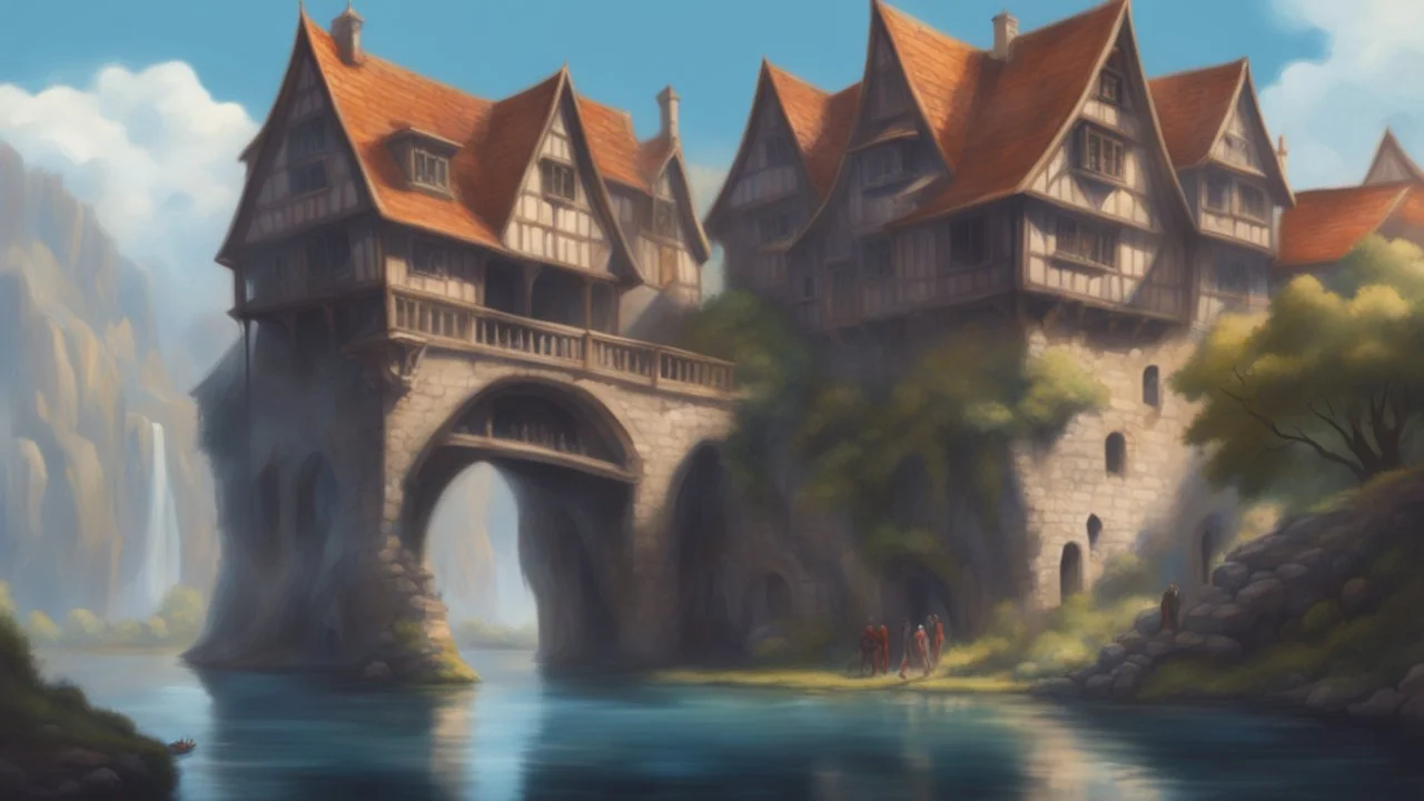 medieval buildings with balconies overhanging lake edge with blue sky and people, photorealism, fantastical, intricate detail, splash screen, concept art