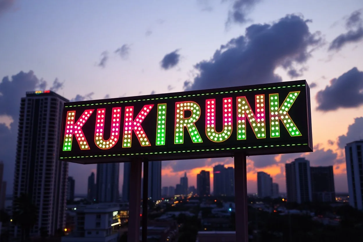 A 1980 disco sign labeled "KUKRUNK" bold multi colored 80s font, miami vice background skyline, sunset