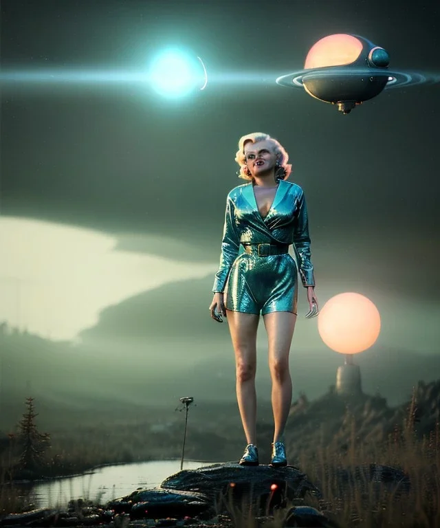 Ultra Realistic retro sci-fi 1960 scene, waist up view portrait, blonde woman, sweet young Marilyn Monroe face, perfect iris, tight latex coat, alien planet background, tight style, steel sphere dron levitating, fog, rain, soft color, highly detailed, unreal engine 5, ray tracing, RTX, lumen lighting, ultra detail, volumetric lighting, 3d, finely drawn, high definition, high resolution.