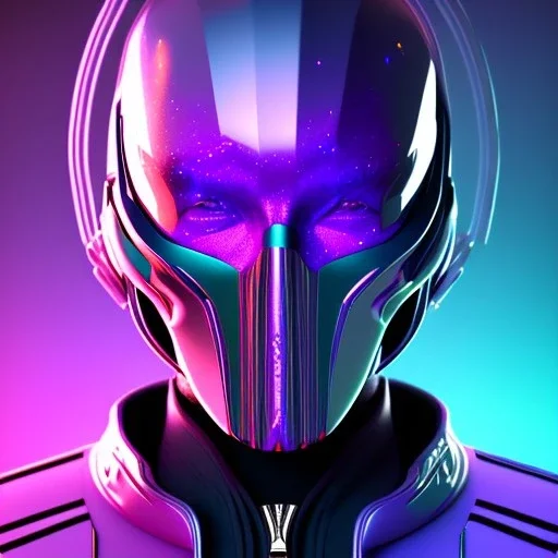 futuristic purple masked villain in galaxy, teal and purple smoke, detailed, realistic, 4k