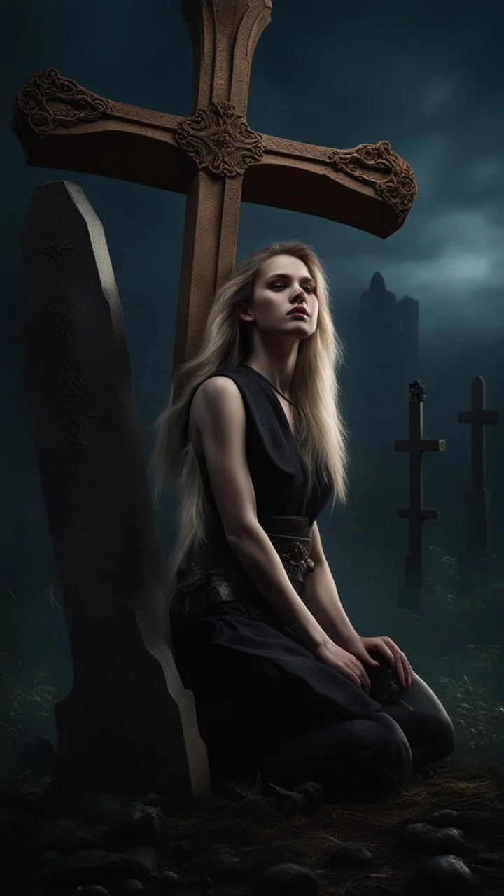 photorealistic hyperdetailed young woman with dirty blonde hair kneeling by a grave with a wooden cross dark fantasy