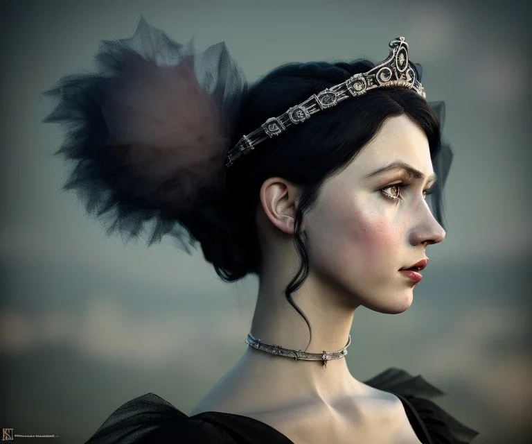 1800s, witch, victorian, portrait, choker, black curly hair, victorian dress, beautiful, silver tiara, hair headdress, beads