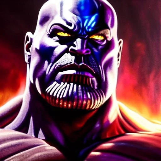 Ultra detailed fullbody Portrait in oil on canvas of THANOS+Darkseid hybrid Villain ,extremely detailed digital painting, extremely detailed face,crystal clear Big Glowing red eyes, mystical colors ,perfectly centered image, perfect composition, rim light, beautiful lighting, 8k, stunning scene, raytracing, anatomically correct, in the style of robert e howard and Ken Kelley and Ohrai Noriyoshi and Simon Bisley and tomzj1