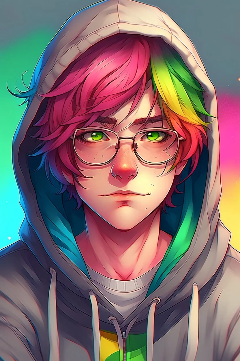 Anime man with glasses, messy rainbow hair, wearing a hooded sweatshirt, realistic