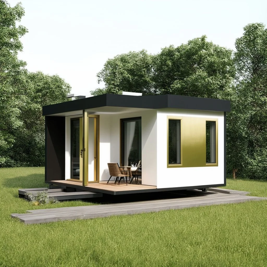 Create a small modern prefab house with white, gold and black colors, photo