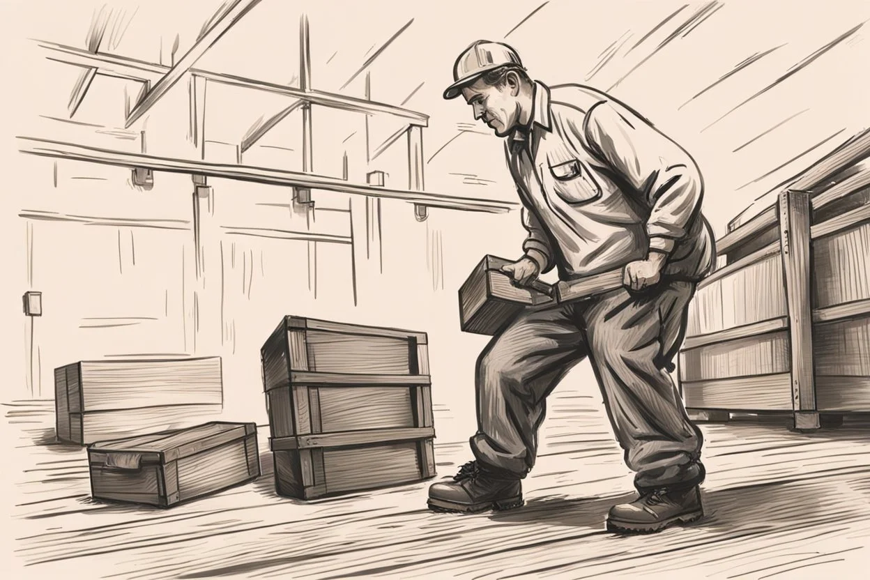 a swedish industry worker from sweden, very strong pushing a wooden crate along the floor in a factory, very basic sketch painting like the image i uploaded