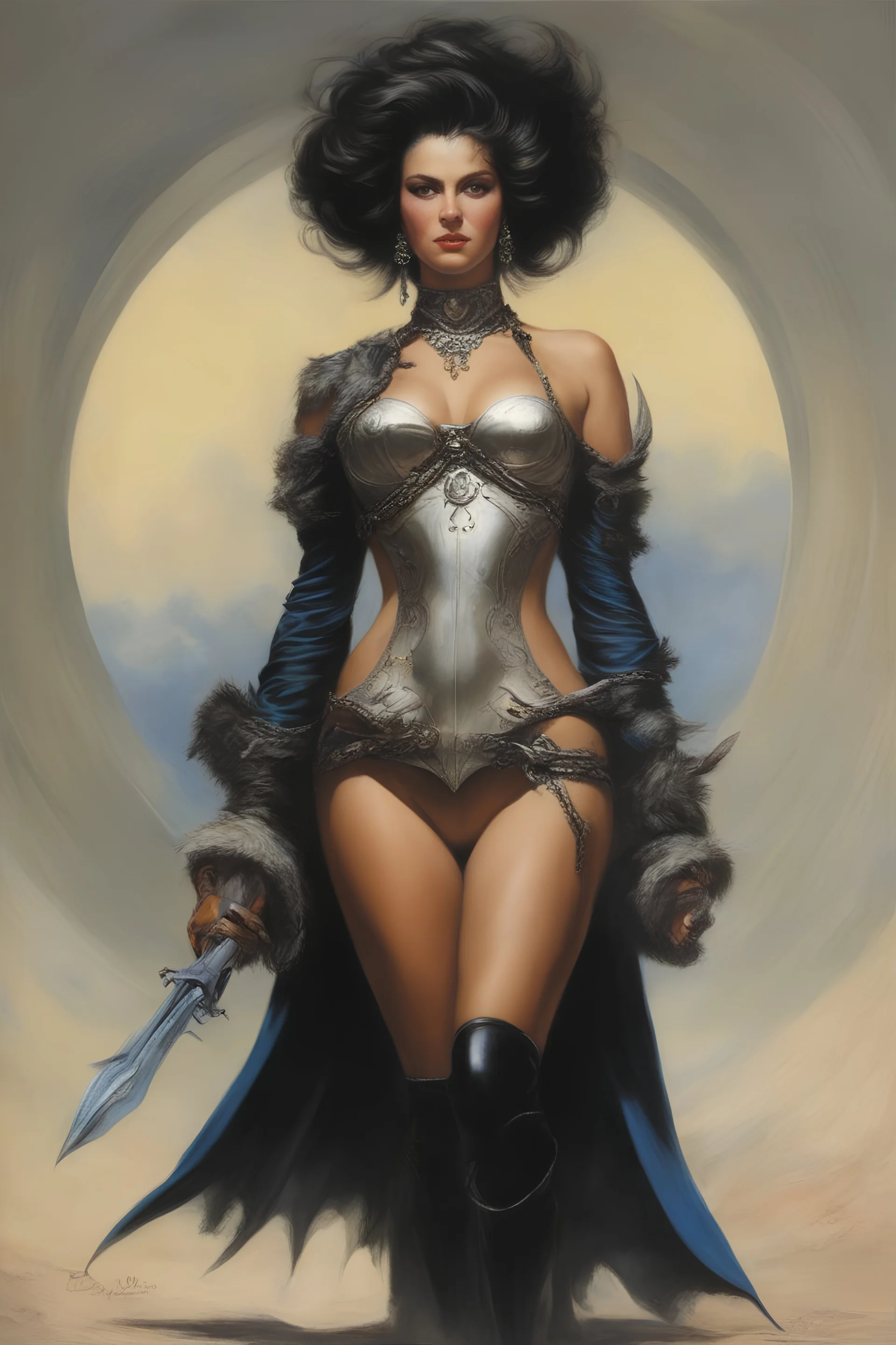 an extremely bodacious and graphic depiction of Cassandra wearing the clothes she was born in, oil painting by Boris Vallejo