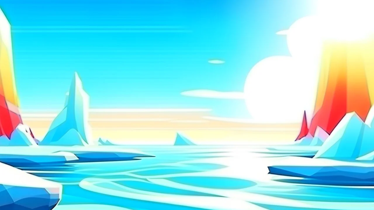 cartoon illustration: nature with icebergs and frozen sea, sun in the sky