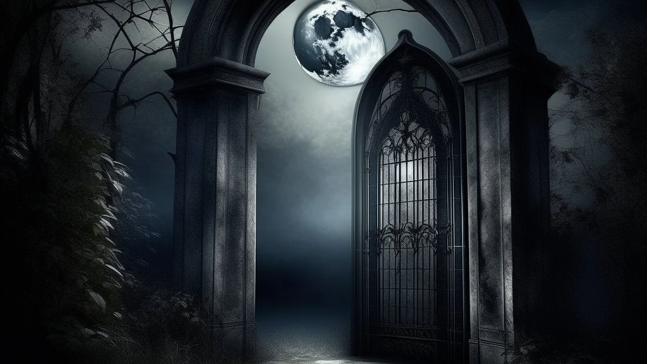 Moonlight Scene: "The Gothic door, set amidst a dark, misty landscape, bathed in the soft silver light of a full moon, with the surrounding vegetation transformed into skeletal silhouettes."