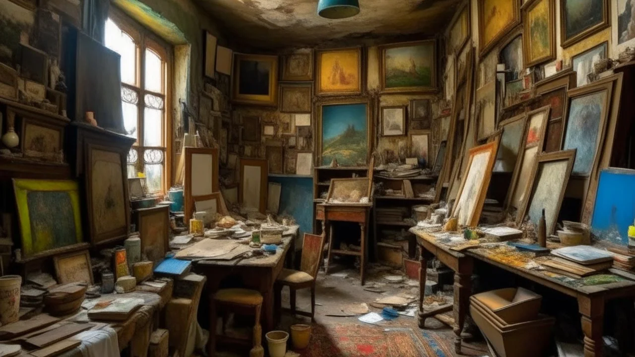 A watercolor masterpiece, a cluttered room with countless paintings covering every inch of the walls, each telling a unique story. The room belongs to the mysterious unnamed painter, whose work is both enchanting and enigmatic. The paintings vary in style and color, creating a visually captivating scene