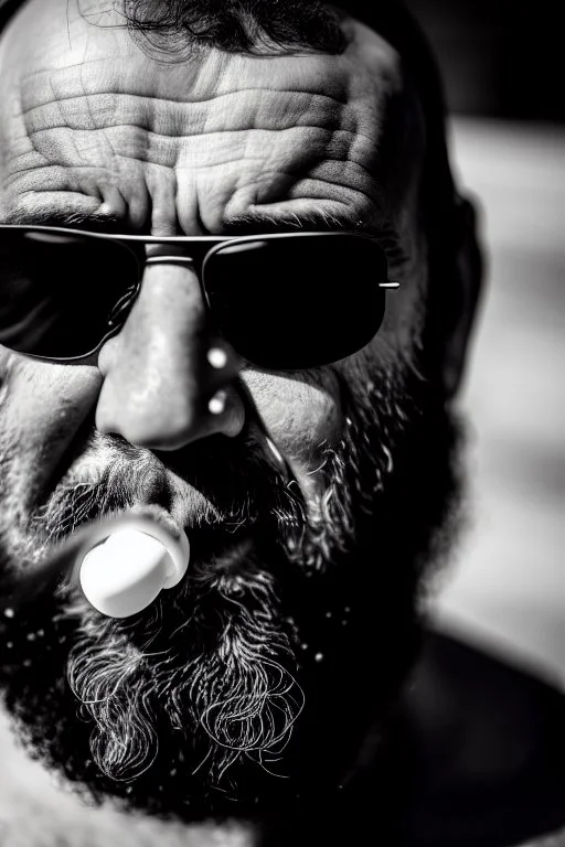 close up photography, dirty burly chubby Italian strong 48 years old homeless man, spitting milk from open mouth, dripping on the beard, with dirty tank top, emotional eyes, manly chest, photo, Canon EOS, lens 35mm, natural lights, 8K, in the morning