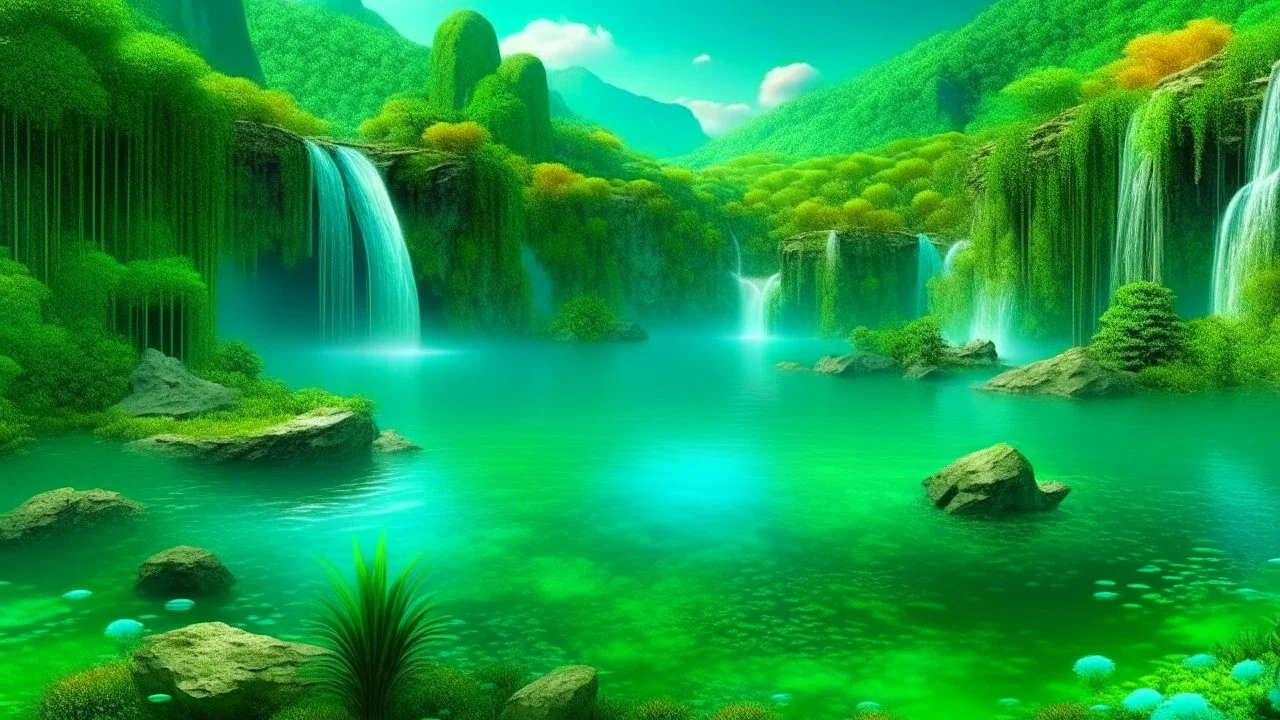 Dreamlike landscape with a series of lakes and waterfalls connected by crystal clear streams, surrounded by lush vegetation. The turquoise and emerald colors of the waters seem to be taken from a fairy tale.