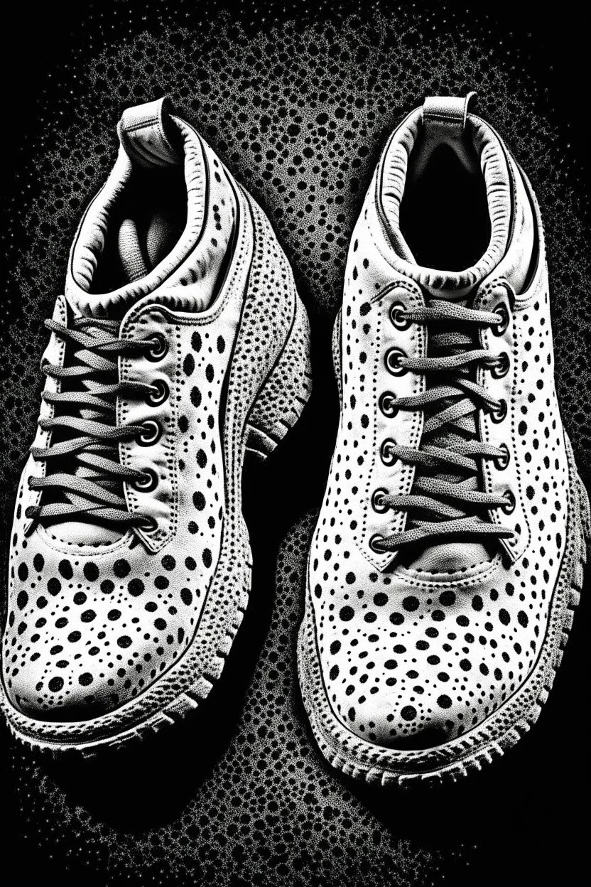 The footprints of two shoes. The tread pattern is white and made entirely from the shapes of ghosts in the style of Salvador Dali’s “the face of war”. Use no more than 4 colours.