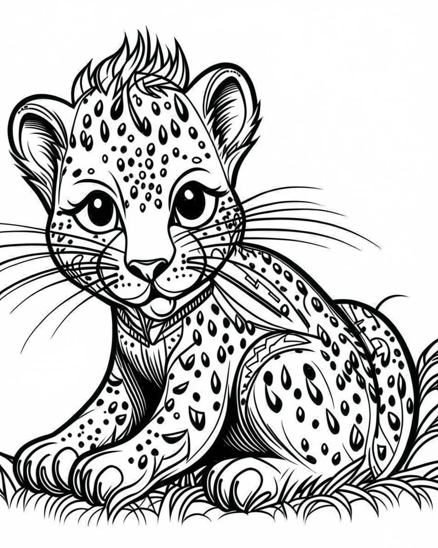 create a 2d black outline, "safari smiling cartoon baby gepard coloring book for toddlers", coloring page, low details design, black contour, coloring page design, simple background, colorful , card style, coloring page for kids, white background, sketch style, safari landscape, cartoon style