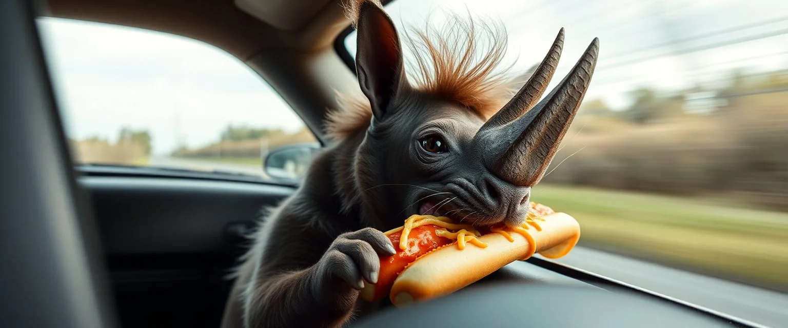 rhino bat cat eating hot dogs while sticking his head out of a speeding car window like a dog , so his hair and fluff gets alot of wind