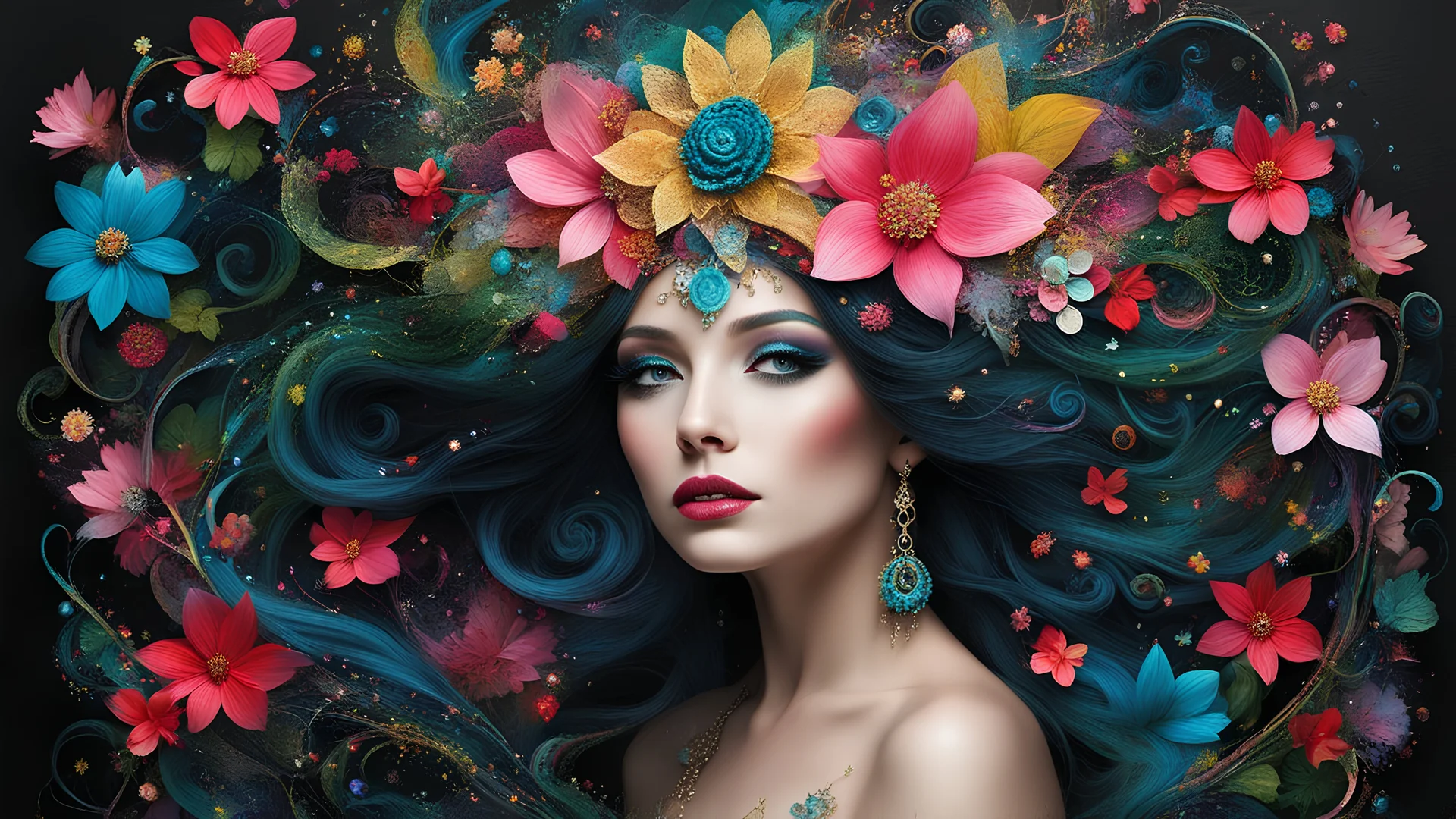 Fairytale, a stunning girl adorned in vibrant carnival attire, ethereal beauty, black background, with swirling colors and fantastical tiny flowers, enchantment and grace, twisted vines, whimsical, surreal landscapes, emotive style, dreamlike quality, mixed media, textured canvas, surrealism, pop surrealism, and magical realism, carnival red, ethereal pink, whimsical blue, vibrant green, celestial purple, golden amber, and shimmering silver, Andy Kehoe and James Jean style.