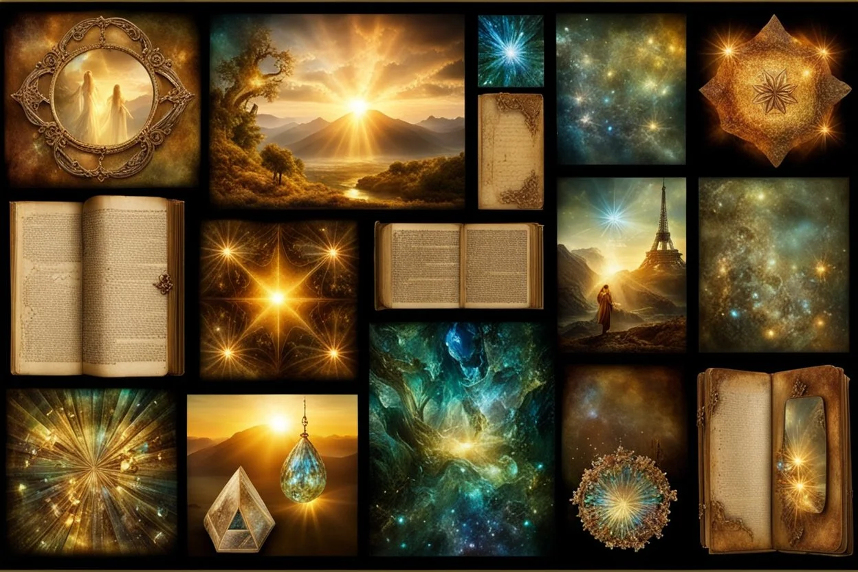 ancient photo album page collage containing images of elves and fairies Broken glass effect stunning something that doesn't exist mythical creature energy molecular textures iridescent light scales breathtaking beauty pure perfection divine presence unforgettable stunning breathtaking beauty Volumetric light aura rays