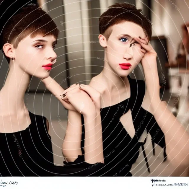 Russian boyish boylike female figure guy short man's haircut men's face boyish features in black girlish lacy cocktail dress earrings in restaurant