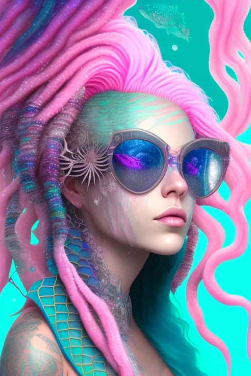 psionic mermaid some fish scales on face pink hair dreadlock sunglasses gem in front