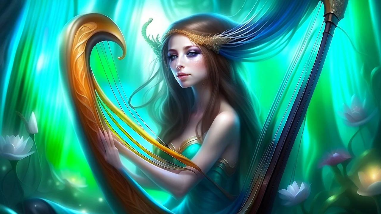 Fantasy digital illustration: = a magical harp with eyes and mouth