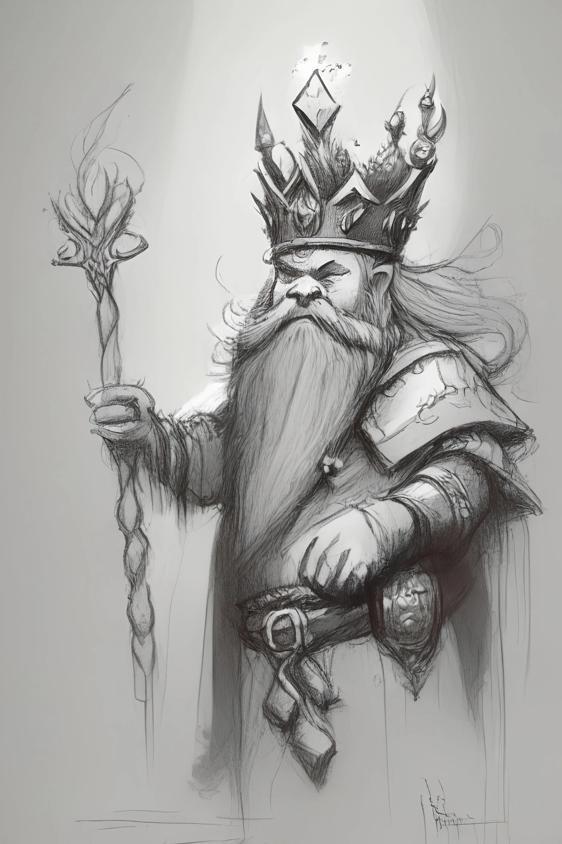 A fantasy sketch of a dwarf wizard holding a crown