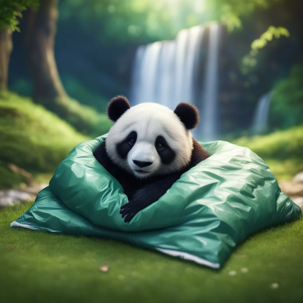 pen outline, waterfall, panda in luxury sleeping bag on green lawn in magical forest ,bokeh like f/0.8, tilt-shift lens 8k, high detail, smooth render, down-light, unreal engine