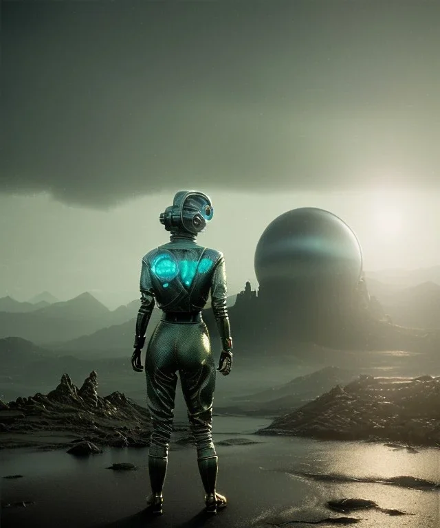 Ultra Realistic retro sci-fi 1960 scene, waist up view portrait, blonde woman, sweet young Marilyn Monroe face, perfect iris, tight latex coat, Strange planet background, Retro sci-fi style glass helmet, fog, rain, soft color, highly detailed, unreal engine 5, ray tracing, RTX, lumen lighting, ultra detail, volumetric lighting, 3d, finely drawn, high definition, high resolution.