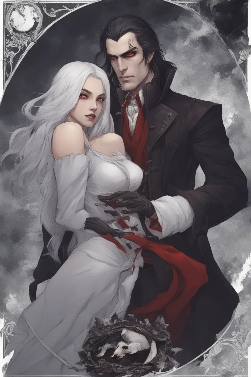 Vampire count Strahd Von Zarovich has long black hair and red eyes, with a woman with white hair